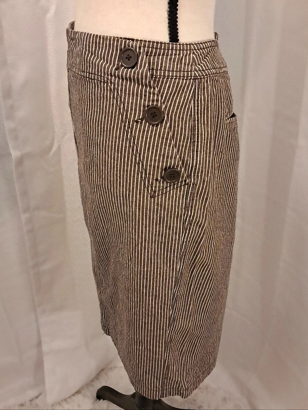 Dressbarn Brown Stripe Cotton Skirt Buttons Pockets Business Casual Preppy 12